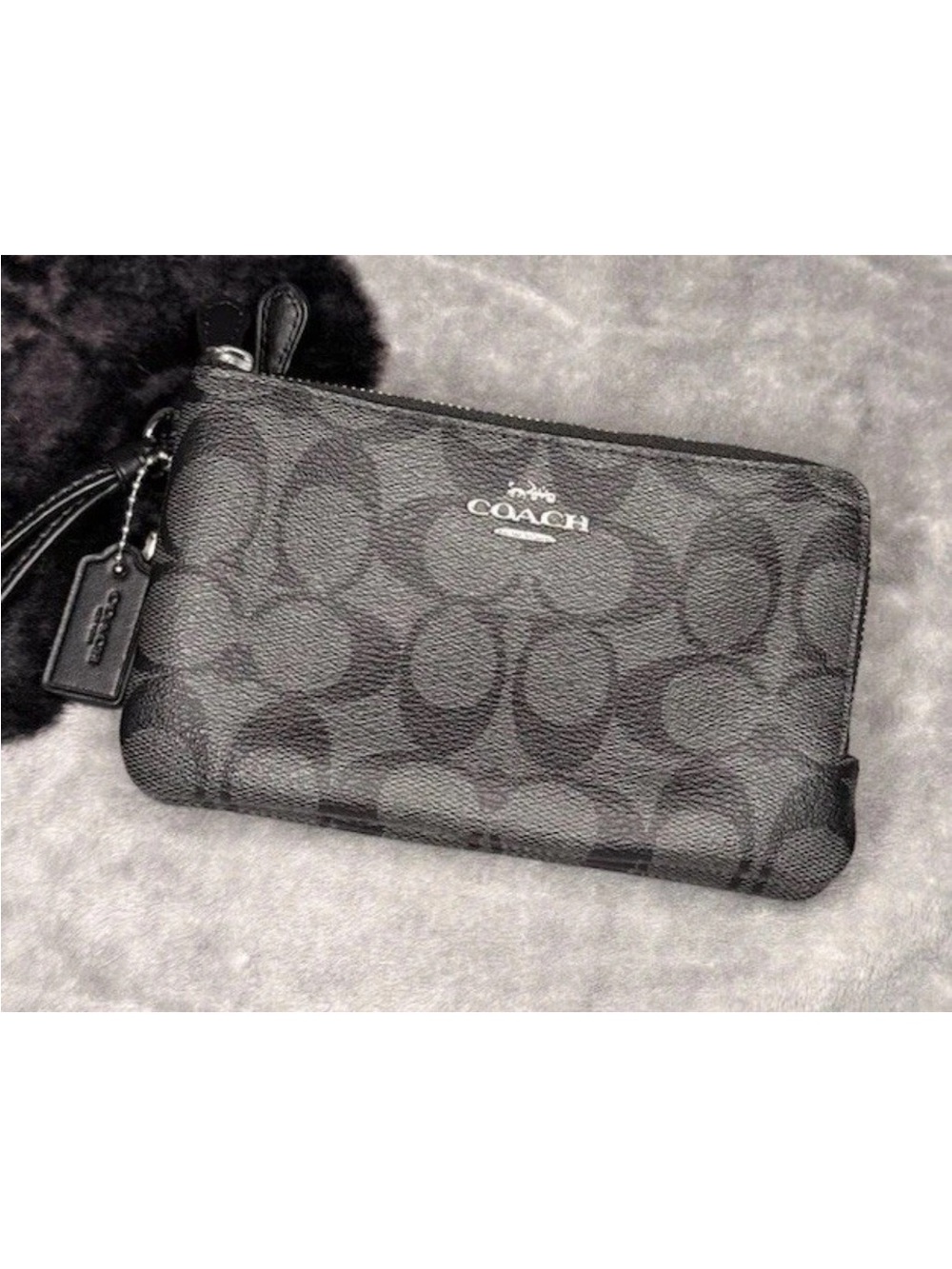Coach Black Signature Double Zip Card Wallet Wristlet